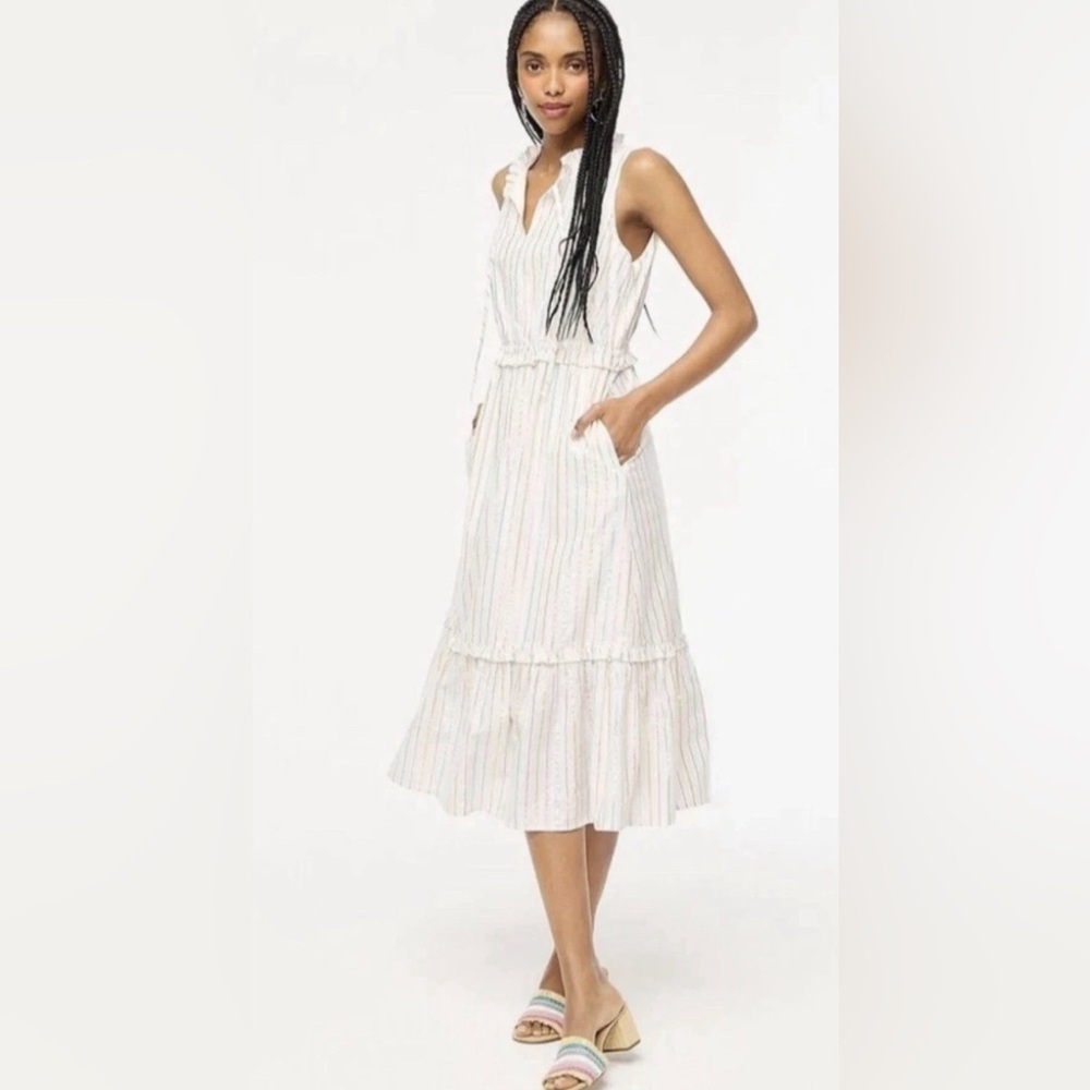 J. Crew Womens Dress Sz 6 Sleeveless Tiered Midi Metallic Striped Ruffled Zip - Picture 1 of 13